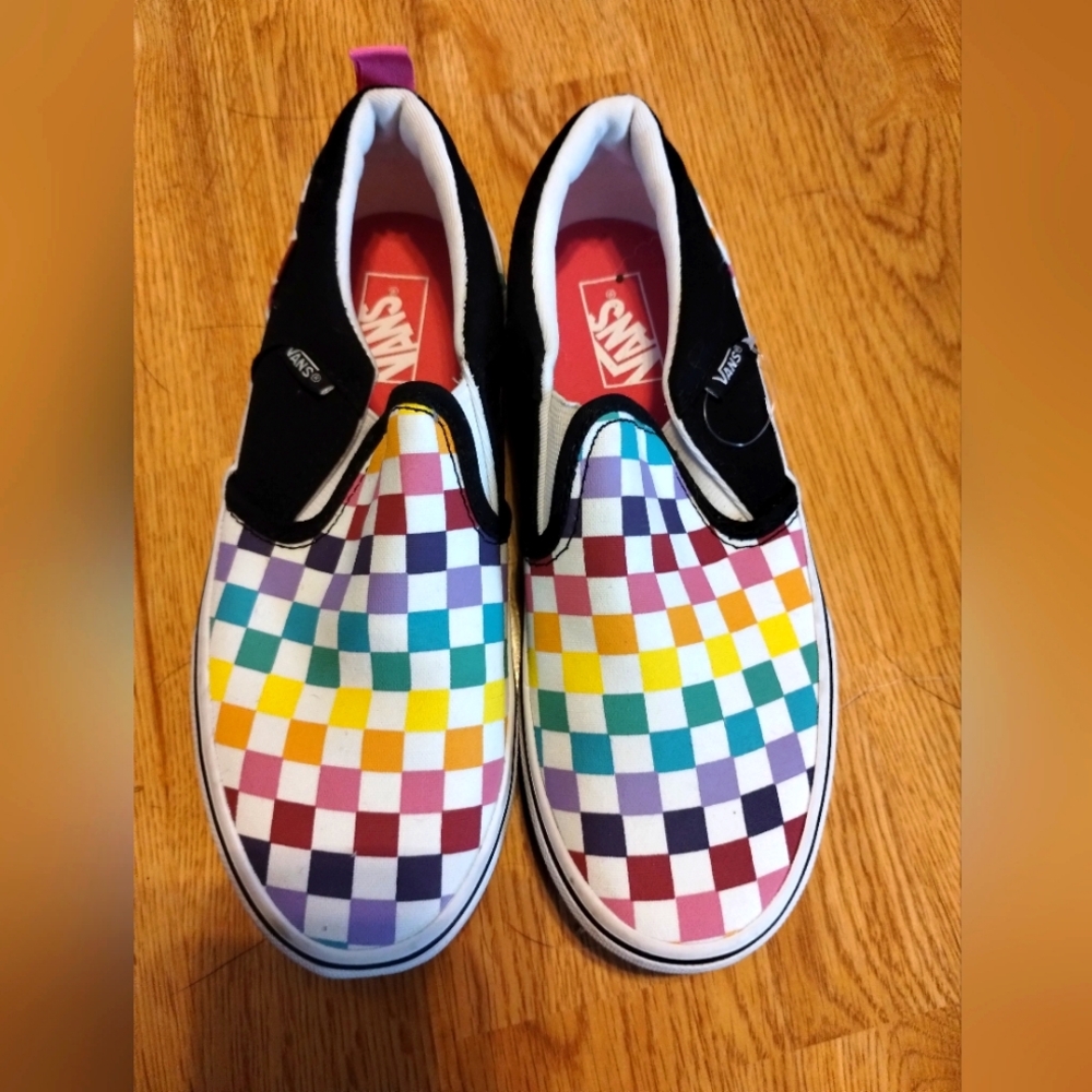 Girls rainbow checker Vans slip ons